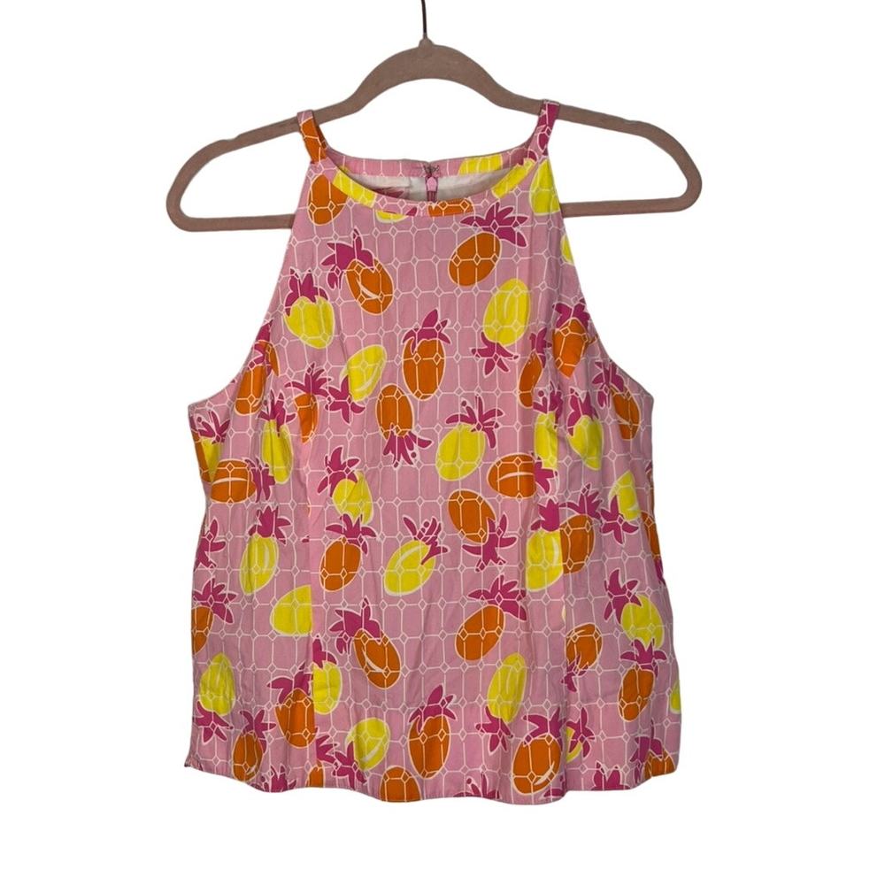 Lilly Pulitzer Bright Pink Orange Summer Halter 100% Cotton Top Blouse Size 12